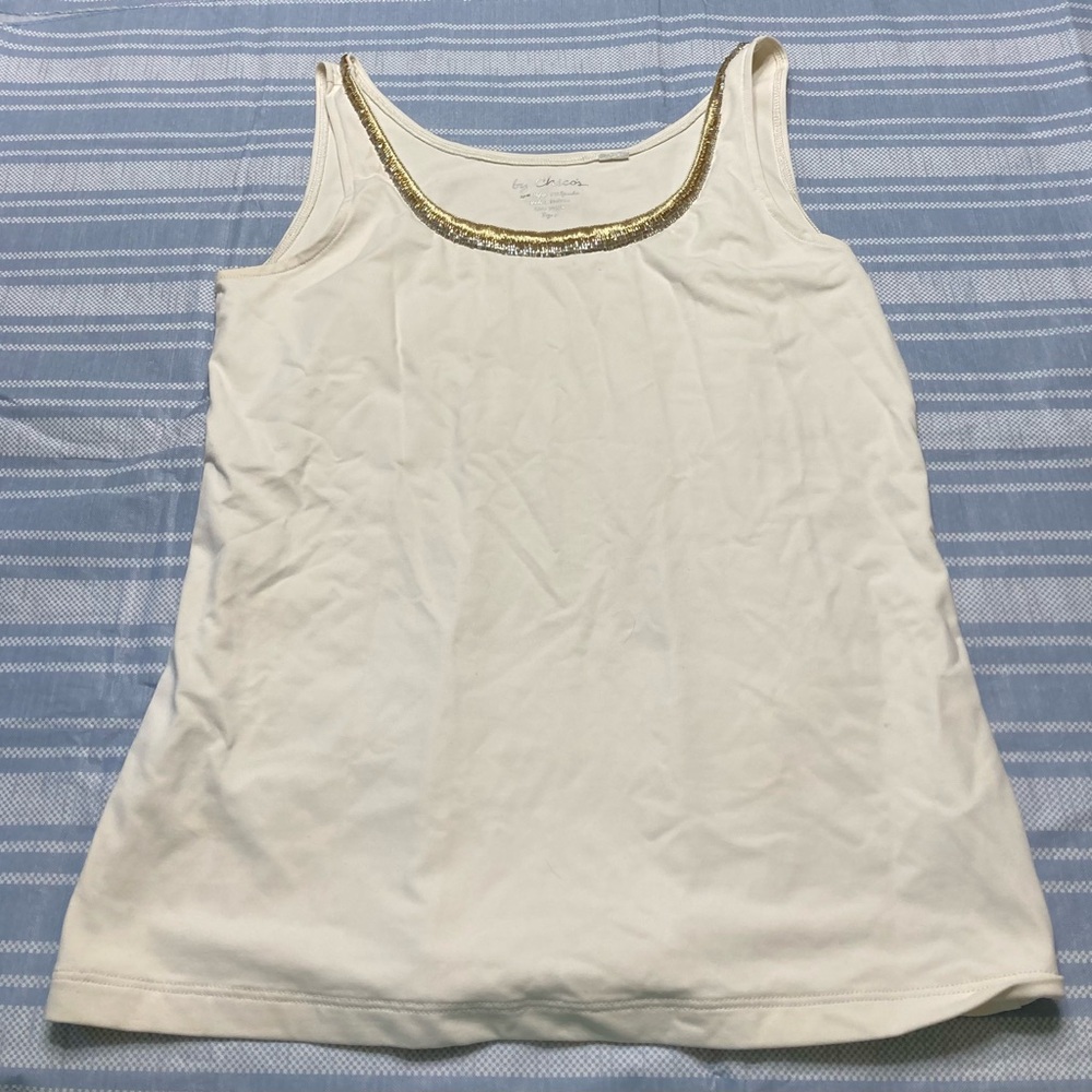 💛TODAY***$15***by Chico’s off-white tank top. Metallic gold threading w beads - Picture 2 of 4